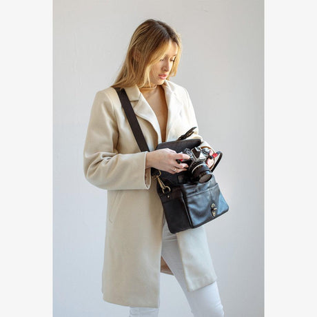 París Black Leather Camera Bag